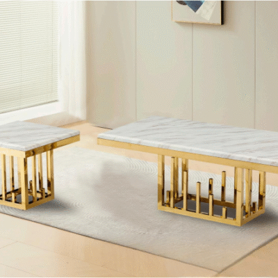 Marble Top Coffee & Side Table Set with Gold Base