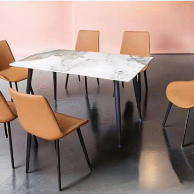 Modern Marble & Tan Leather Dining Set