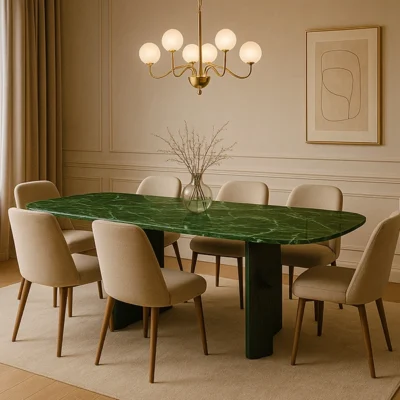 Luxury Black & Green Marble Dining Table with Wooden Legs