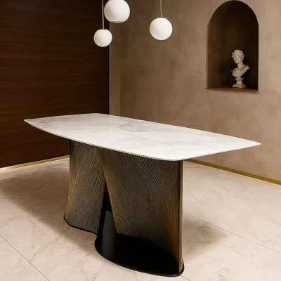 Modern Steel & White Marble Dining Table (6–8 Seater)