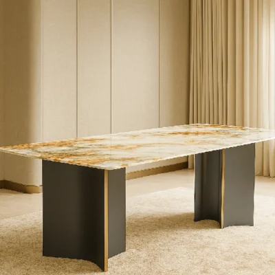 Classic Rectangular Marble Dining Table with Modern Steel Legs