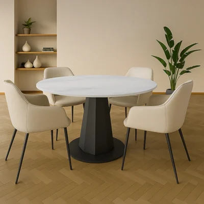 Elegant White Marble Dining Table with Metal Legs and Child-Safe Design