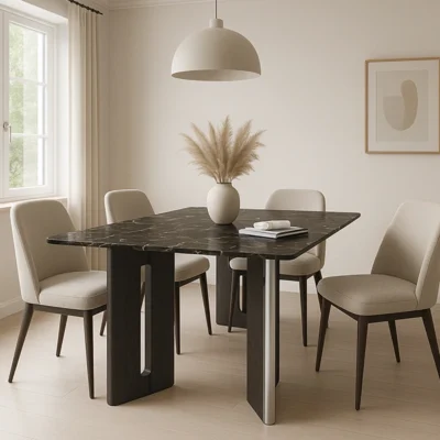 Luxury Black Marble Top Dining Table with Steel & Wood Legs